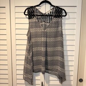 Daniel Rainn Sleeveless Crochet Lace Yoke Geometric Blouse XL Boho Sheer Tunic